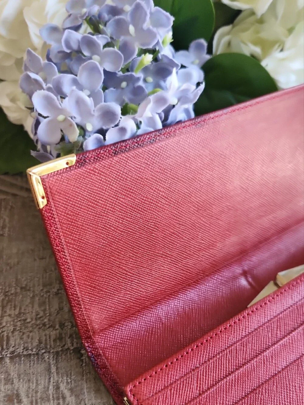 Givenchy Red Textured Leather Long Wallet with Gold Corner Accents